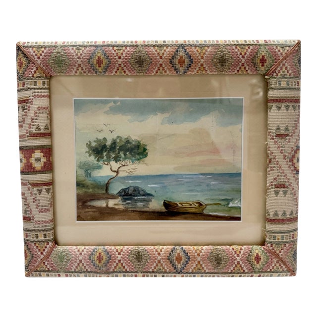 Mid 20th Century Coastal Landscape Watercolor Painting Framed Seascape Boat Tree For Sale