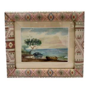 Mid 20th Century Coastal Landscape Watercolor Painting Framed Seascape Boat Tree