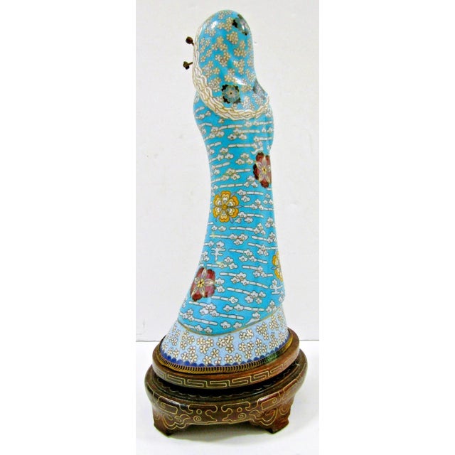Wood Antique Asian Blue Cloisonne Figurine Holding Brass Vase With Lotus Wood Base For Sale - Image 7 of 16