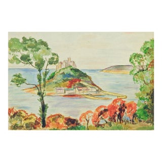 Small 1920s Island Castle Watercolor Painting For Sale