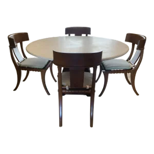 Modern Dining Set Wit Travertine Top & 4 Klismos Chairs