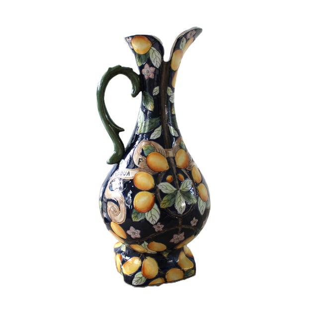 Large Societa Ceramica Italiana style "cedra acqua" (meaning citrus water) pitcher. Elegantly painted with swags and...