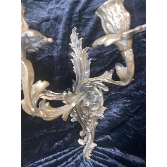 Metal 1920s Bronze Sconces Baroque Rococo Louis XV French Style Acanthus Leaf Forms 3 Candle Burning For Sale - Image 7 of 10