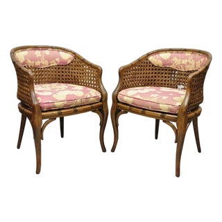 Vintage Hollywood Regency Faux Bamboo Cane Barrel Back Lounge Chairs (A) - Pair For Sale