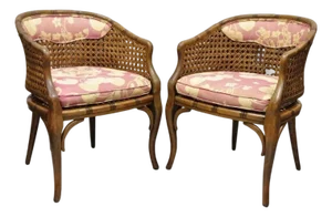 Vintage Hollywood Regency Faux Bamboo Cane Barrel Back Lounge Chairs (A) - Pair