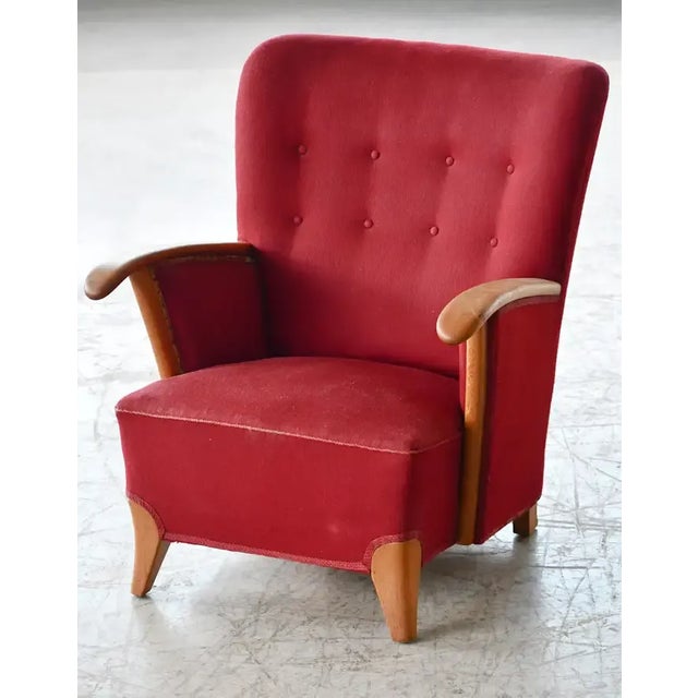 Scandinavian Lounge Chair With Oak Armrest Conical Legs Red Wool, 1940's For Sale - Image 4 of 9