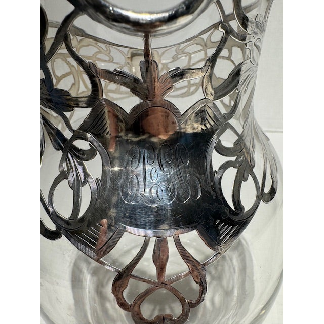 Antique Art Nouveau Silver Overlay Crystal Water Pitcher With Engraved Initials For Sale - Image 6 of 8
