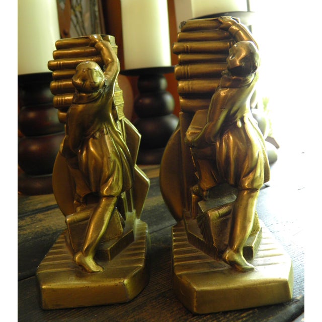Traditional Pm Craftsman Cast Metal Brass Bookends Colonial Librarian Falling Books Usa For Sale - Image 3 of 7