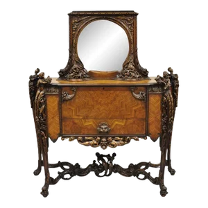 French Renaissance Louis XV Style Figural Carved Walnut Curio Display Buffet