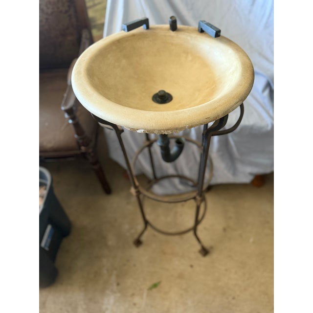 Mid-Century Modern Artisan Chiseled Travertine Stone Vessel Sink on Hand-Forged Wrought Iron Pedestal For Sale - Image 3 of 9