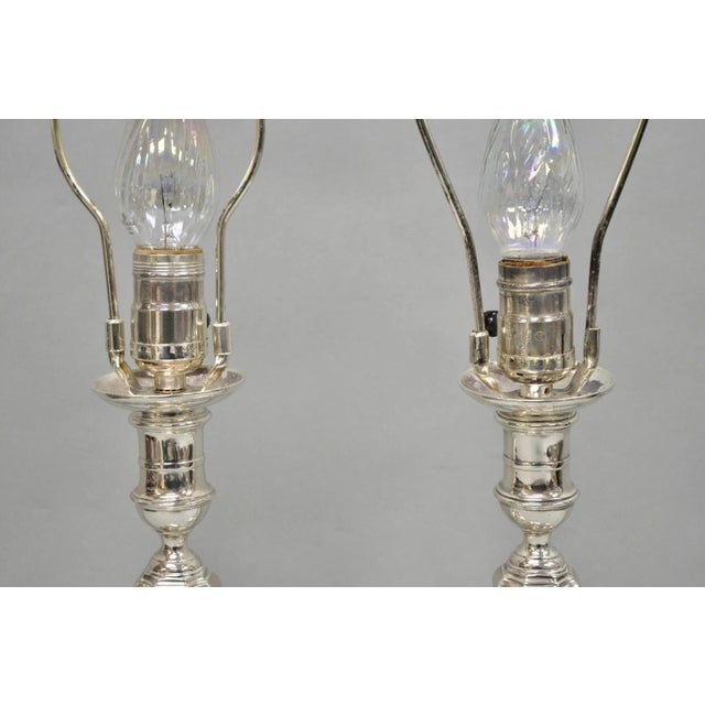Antique English Regency Silver Plated Footed Candlestick Table Lamps - A Pair For Sale - Image 9 of 16