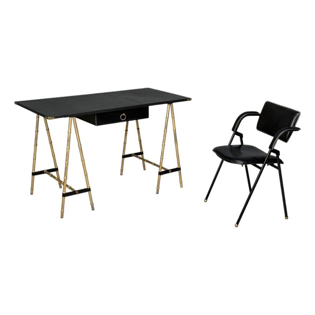 Jacques Adnet Attr., Desk and Folding Chair, Black Leather, Brass, France, 1950s For Sale