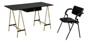 Jacques Adnet Attr., Desk and Folding Chair, Black Leather, Brass, France, 1950s