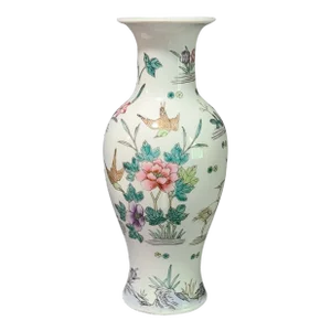 Vintage Early 20th Century Asian Famille Rose Hand Painted Floral Birds Vase