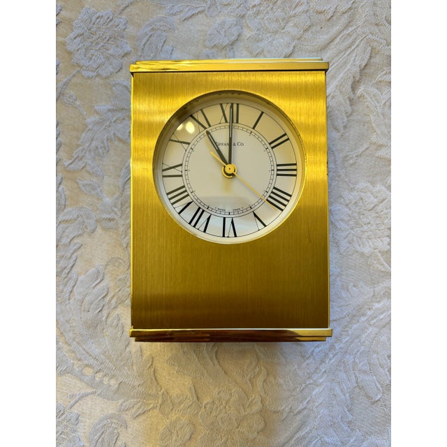 Art Deco Vintage Tiffany & Co. Swiss Brass Quartz Desk Alarm Clock, Roman Numeral Dial, 1970s For Sale - Image 3 of 12