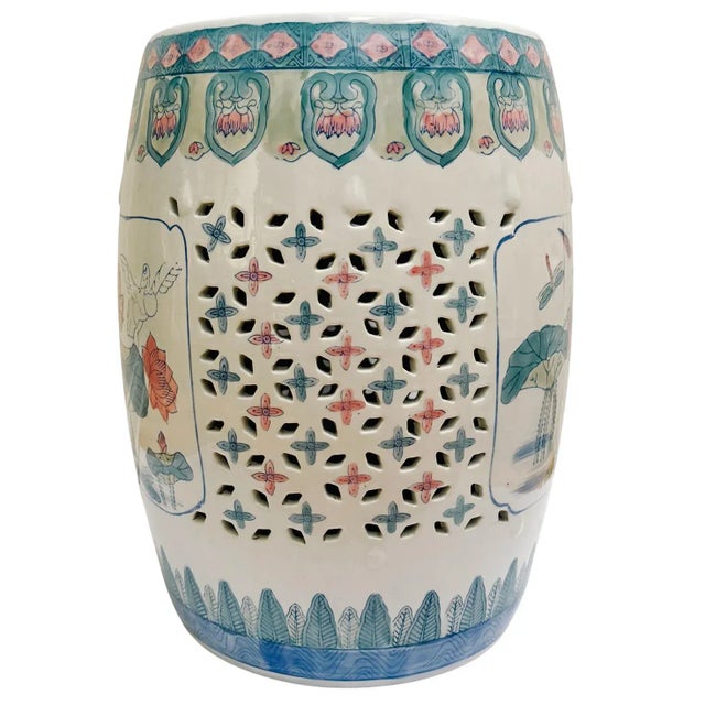 1980s Vintage Chinese Pink Lotus Pastels Garden Stool For Sale - Image 5 of 7
