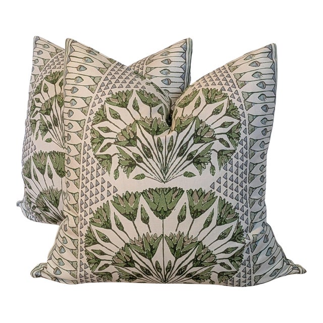 Thibaut Cairo Pillows in Green - Double Sided Pair For Sale
