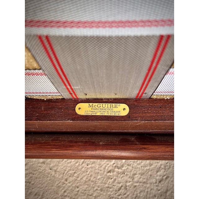 2 Professionally Refurbished McGuire Target Back Rattan Lounge Chairs With Ottoman. Upholstered in New Curated Green and Blue Vintage Fabric. For Sale - Image 12 of 12