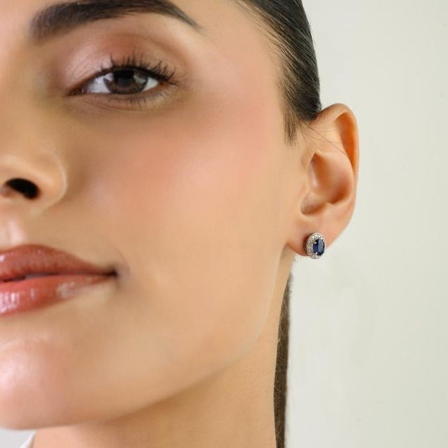 Elegant 1 Ct Natural Blue Sapphire and Diamond Halo Stud Earrings in 14k Gold- A Pair For Sale In New York - Image 6 of 12