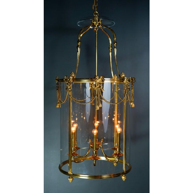 Custom Made Brass Lantern Chandelier Circular Glass Pendant Light 6 Light For Sale - Image 4 of 17