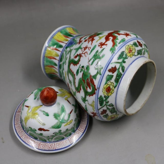 Chinese Early 20th Century Chinese Ceramic Pot Ming Dynasty Jiajing Marked Blue and White Famille Verte Porcelain Ginger Jar Hand Painted Dragon Pattern For Sale - Image 3 of 8