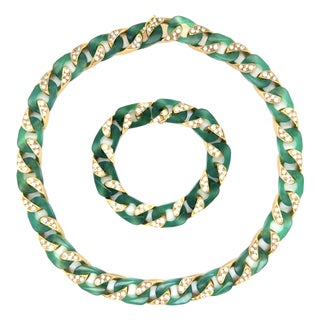 Vintage, Chrysoprase, Diamond and 18k Gold Necklace and Bracelet Suite, 2 Pieces For Sale