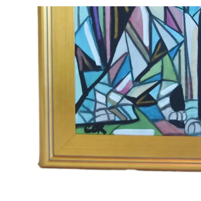 Contemporary Modern Listed Artist Cubism Dog Painting W/ Antiqued Gold Wood Frame For Sale - Image 4 of 9