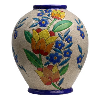 Art Deco Crackle Glazed Vases with Polychrome Floral Design by Charles Catteau for Boch Keramis, Belgium 1930s For Sale