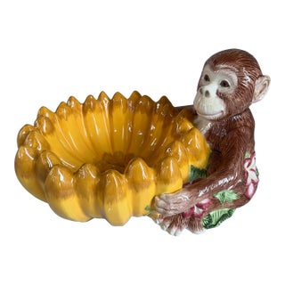 Large Late 20th Century Italian Style Majolica Ceramic Monkey Banana Bowl For Sale