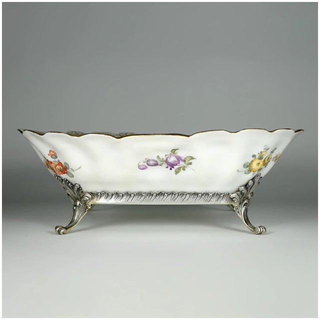 Late 19th Century Antique French Sterling Silver & Continental Porcelain Bowl Hand Painted Flowers Gilt Scalloped Rim For Sale - Image 5 of 11