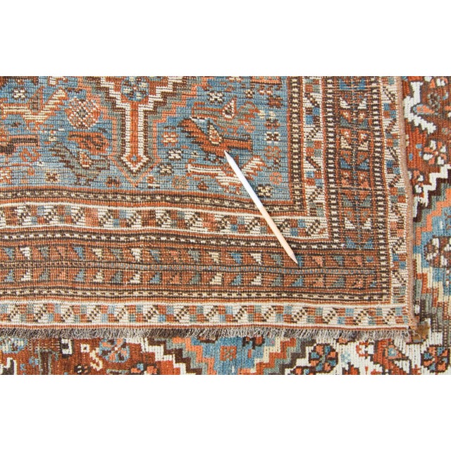 1910s Antique Geometric and Figural Brown Blue Wool Hand-Knotted Rug For Sale - Image 10 of 10