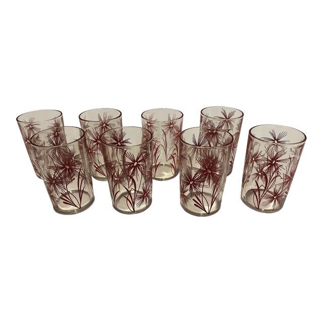 Circa 1950's Vintage Red Swanky Swig Juice Glasses- Set of 8 For Sale