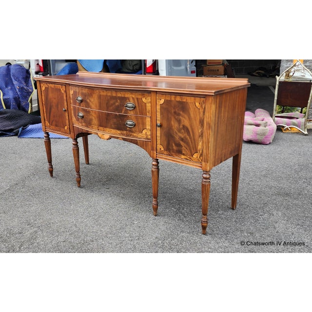 Antique 1930s Banded Mahogany Sheraton Style Dining Room Sideboard For Sale - Image 11 of 15
