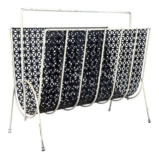 Mid-Century White & Black Wrought Iron Pierced Mesh Magazine Record Stand For Sale