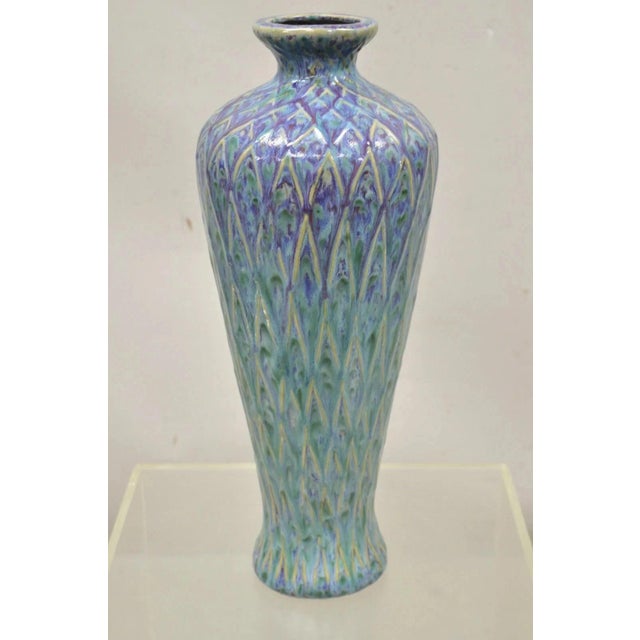 20th C. Mid Century Modern Ceramic Pottery Glazed Feather Pulled 20" Purple Blue Vase For Sale - Image 10 of 11