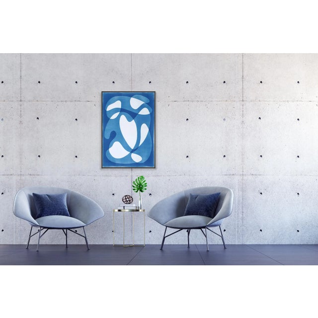 2024 / Abstract Mid-Century Floating Shapes in White and Blue, Handmade Cyanotype on Watercolor Paper For Sale In Miami - Image 6 of 7