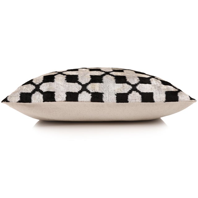 Handmade Velvet Ikat Lumbar Pillow 16x24 | Black & Ivory Geometric For Sale In San Francisco - Image 6 of 8