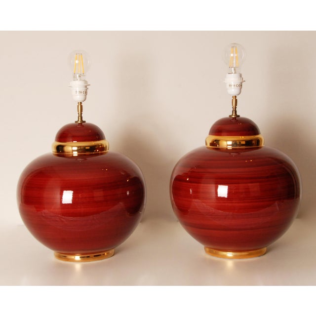1970s Vintage Table Lamps Red Gold Ceramic Vase Lamps France 1970s - A Pair For Sale - Image 5 of 12