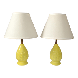 1970s Pair, Vintage Eames Era Ceramic Pineapple Shape Walnut Neck Table Lamps & Shades