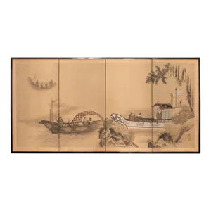 1970s "Scene With Boats" Shōwa Era Japanese Painted Byobu Screen
