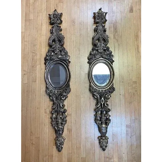 Traditional Set of 2 Long Carved Antiqued Gold and Silver Mirrors For Sale - Image 3 of 12