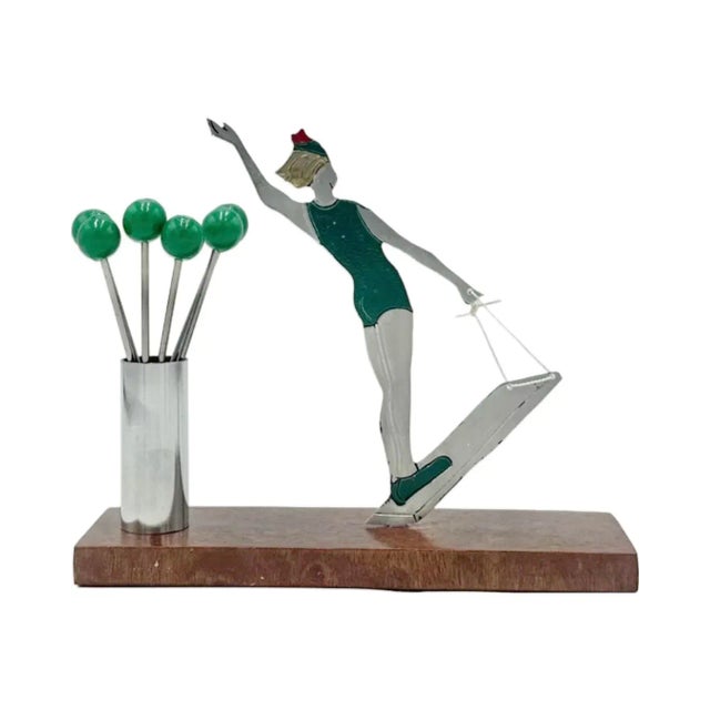 Wood Vintage Sudre Female Waterskier Cocktail Garnish Set Paris Art Deco C1930s For Sale - Image 7 of 12