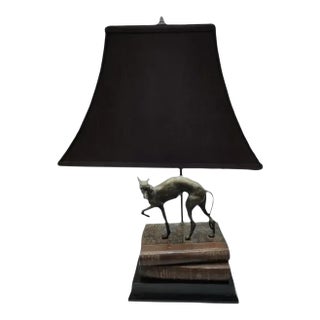 Vintage 1980s Bronze Whippet / Greyhound Dog Standing on Stacked Books Lamp For Sale