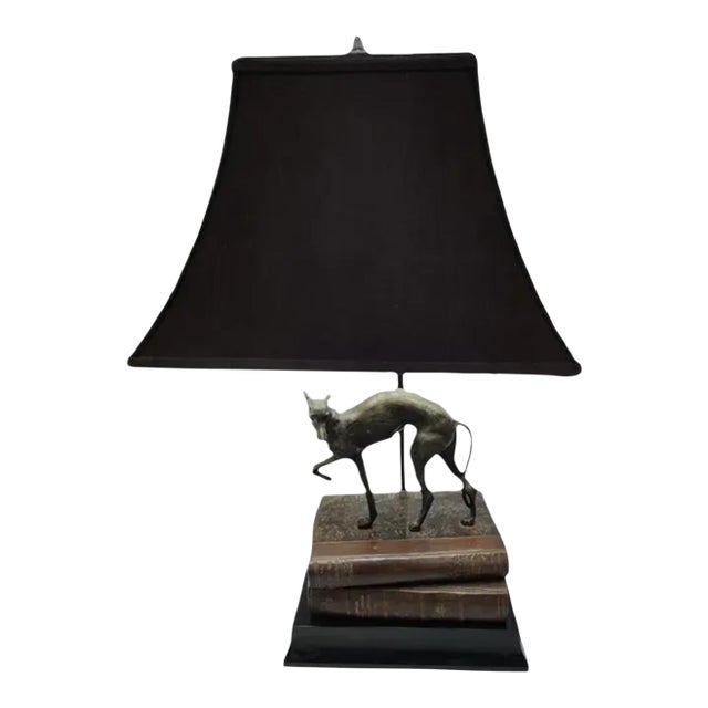 Vintage 1980s Bronze Whippet / Greyhound Dog Standing on Stacked Books Lamp For Sale