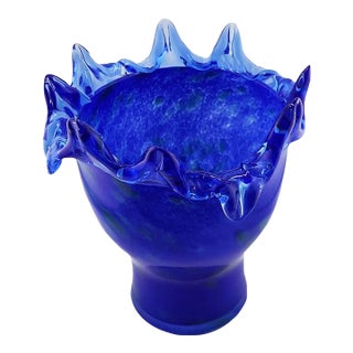 Vintage Cobalt Blue Art Glass Handkerchief Vase Ruffled Edge Hand Blown 10" For Sale