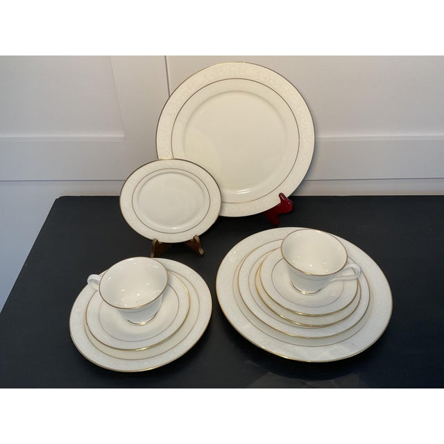 Oxford Ltd. Vintage Oxford Bone China White Lace Dinnerware Service for 12—58 Pieces For Sale - Image 4 of 8
