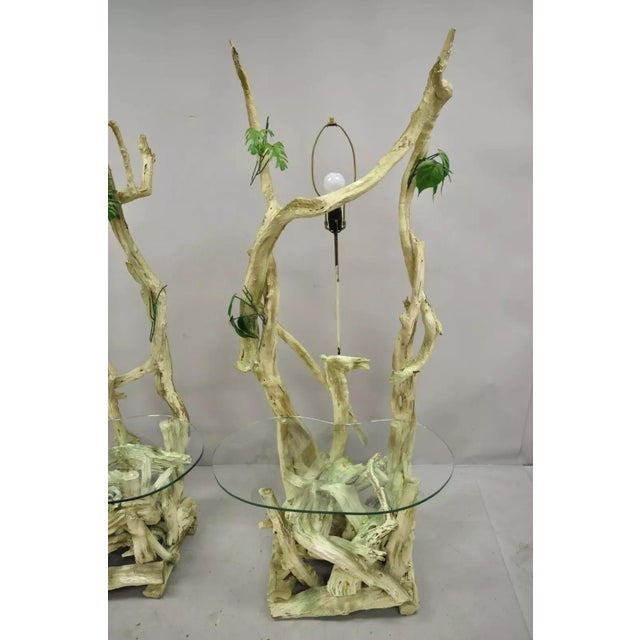Mid-Century Modern Driftwood Tiki Jungle Lamp End Tables With Kidney Glass - Pair For Sale - Image 4 of 12