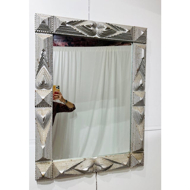 Silver Antique Monumental Tramp Art Framed Folk Mirror With Carved Hearts, Circa Late 19th Century For Sale - Image 8 of 11