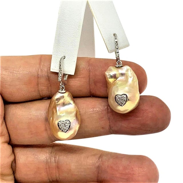 White Diamond Baroque Fresh Water Yellow Pearl Earrings 14k Gold Certified For Sale - Image 8 of 9