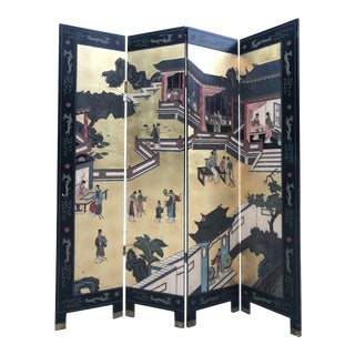 Antique Japanese Coromandel Four Panel Room Divider / Folding Screen For Sale